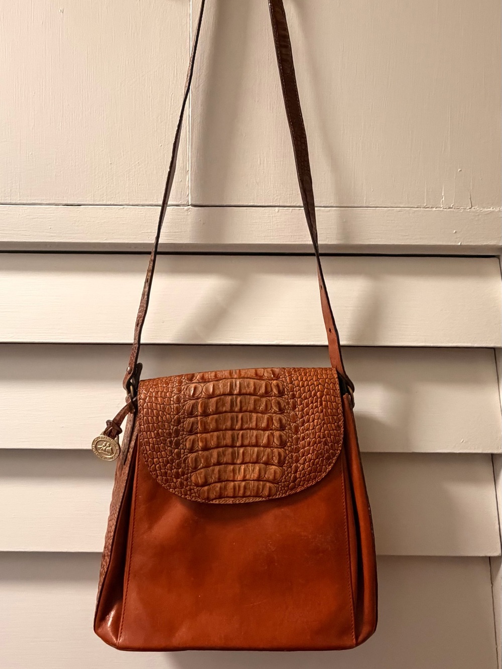 Brahmin Cognac Brown Croc-Embossed Flap Leather Crossbody